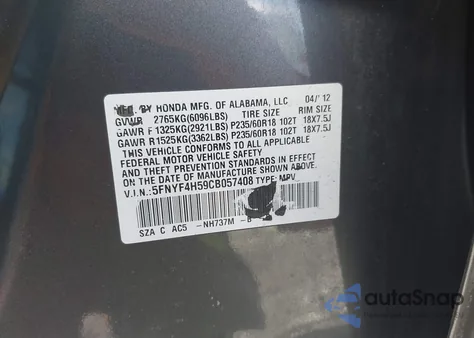 2012 Honda Pilot Ex-L z USA, uszkodzony, nr VIN 5FNYF4H59CB057408